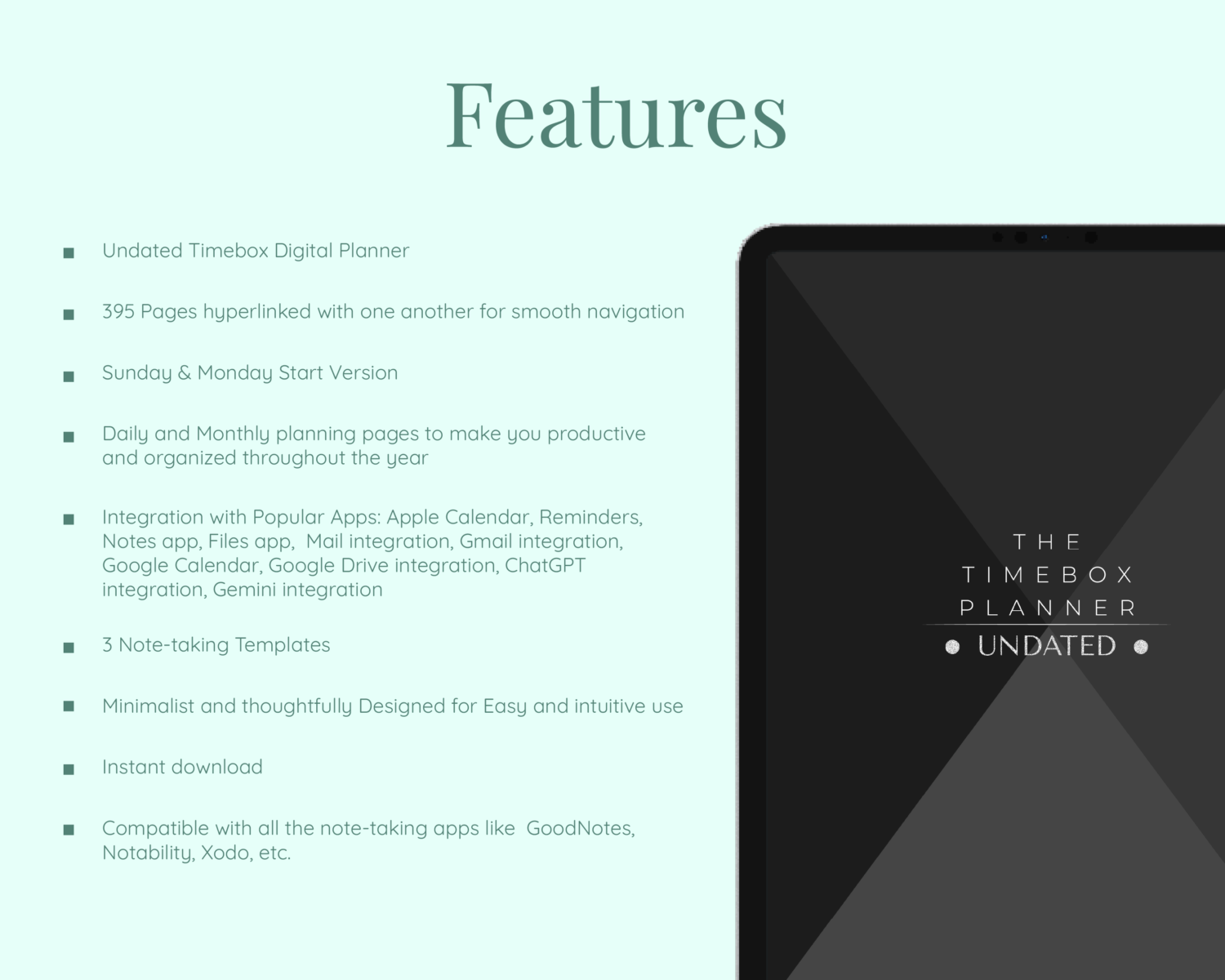 Features of Dark Mode Timebox Undated Planner Features of Dark Mode Timebox Undated Planner