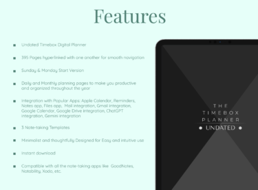 Features of Dark Mode Timebox Undated Planner