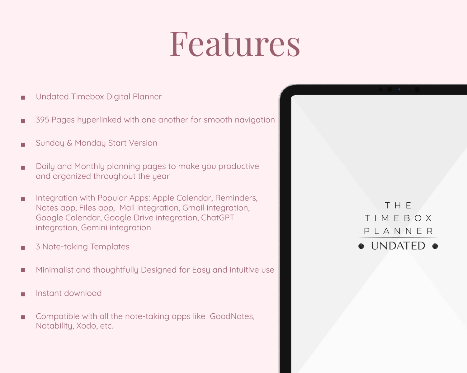 Features of Timebox Undated Digital Planner Features of Timebox Undated Digital Planner