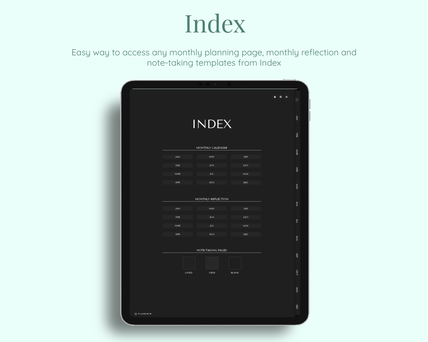 Index of Dark Mode Timebox Undated Planner Index of Dark Mode Timebox Undated Planner
