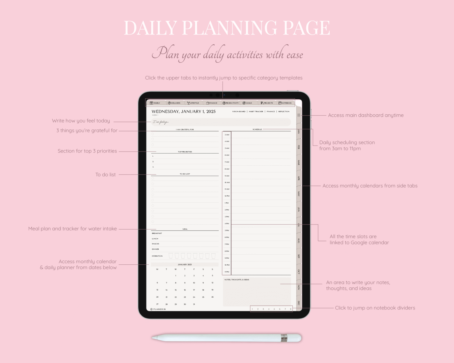 Daily planning page with Google Calendar