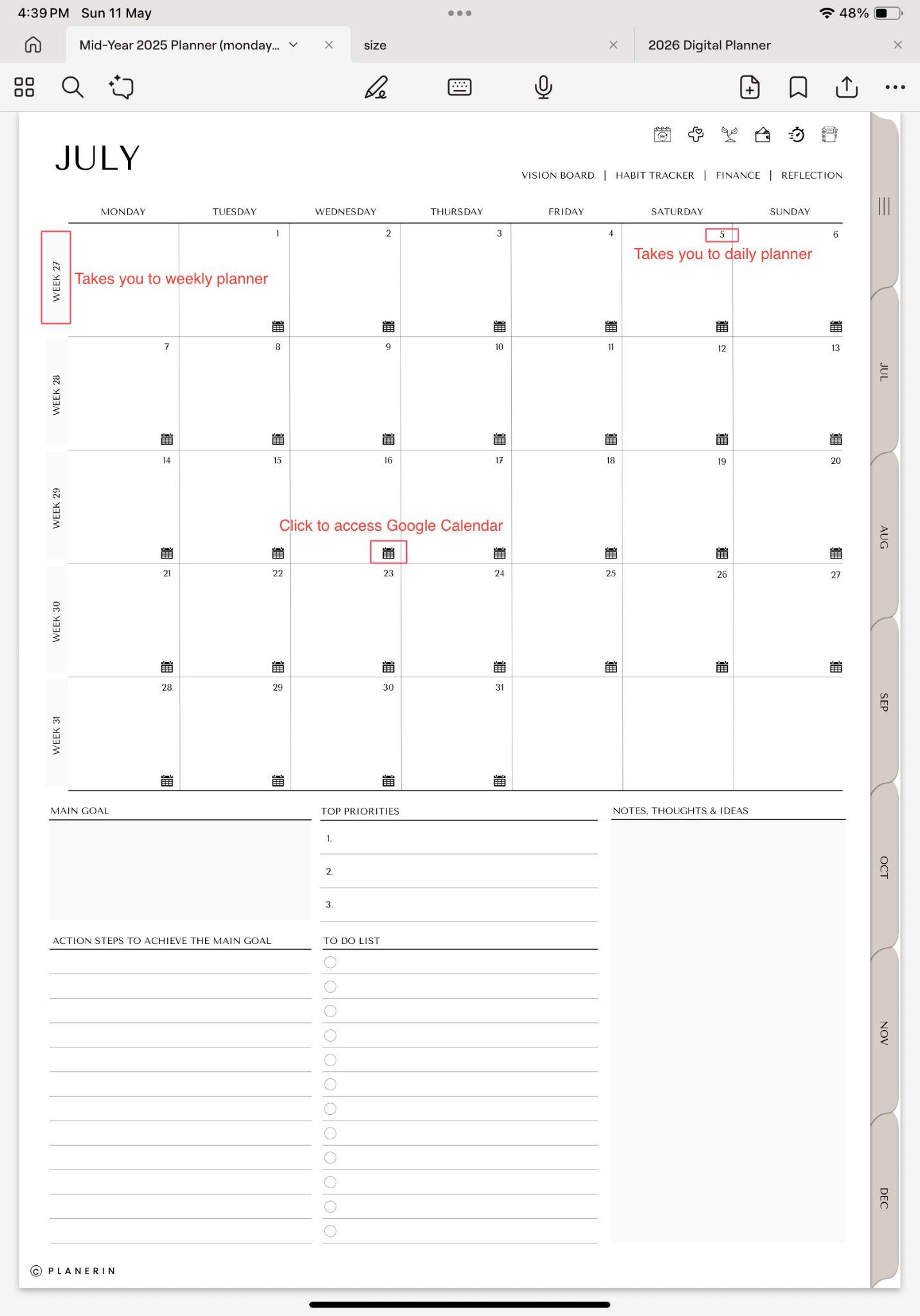 Monthly planner in mid year planner