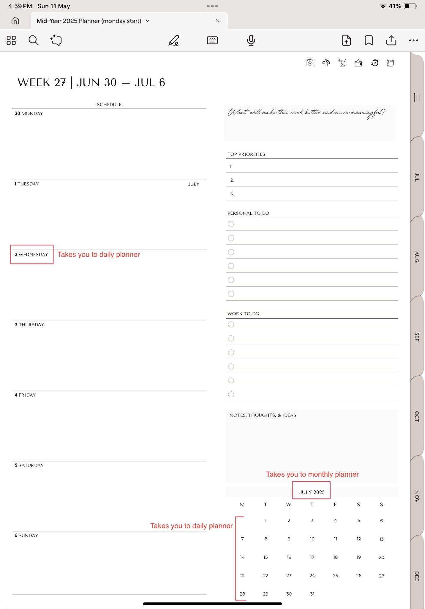 Weekly planner in mid year planner