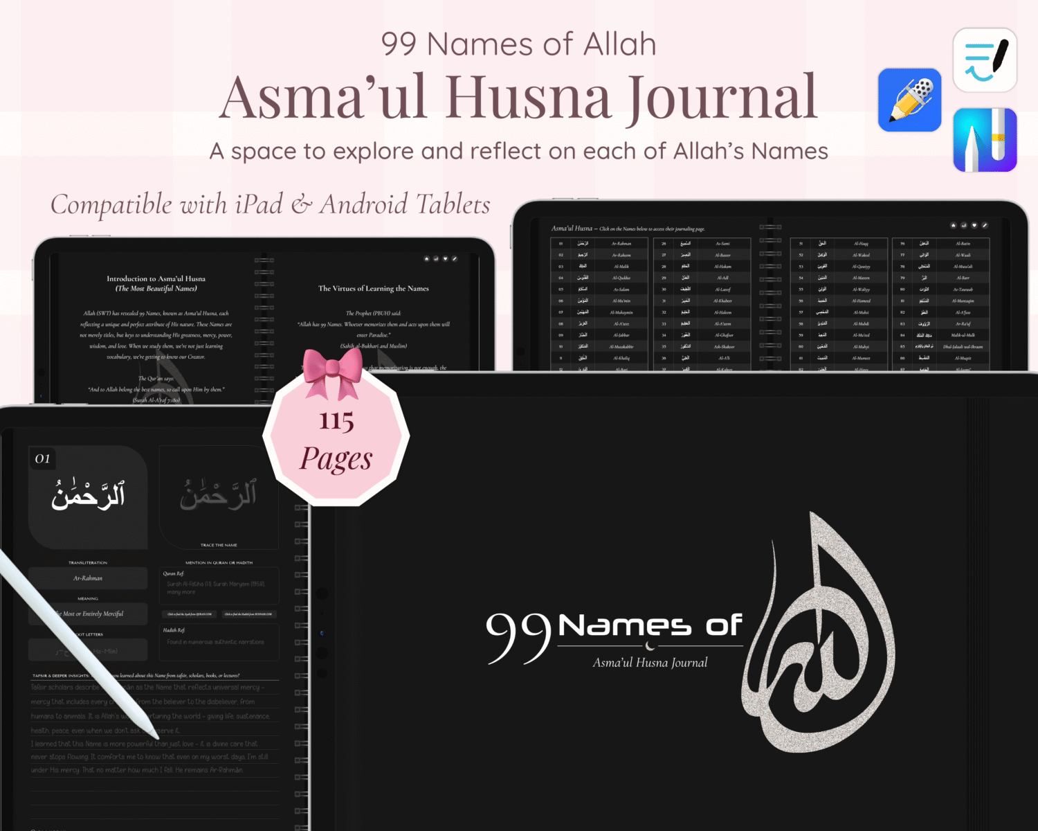 99 Names of Allah journal in dark mode