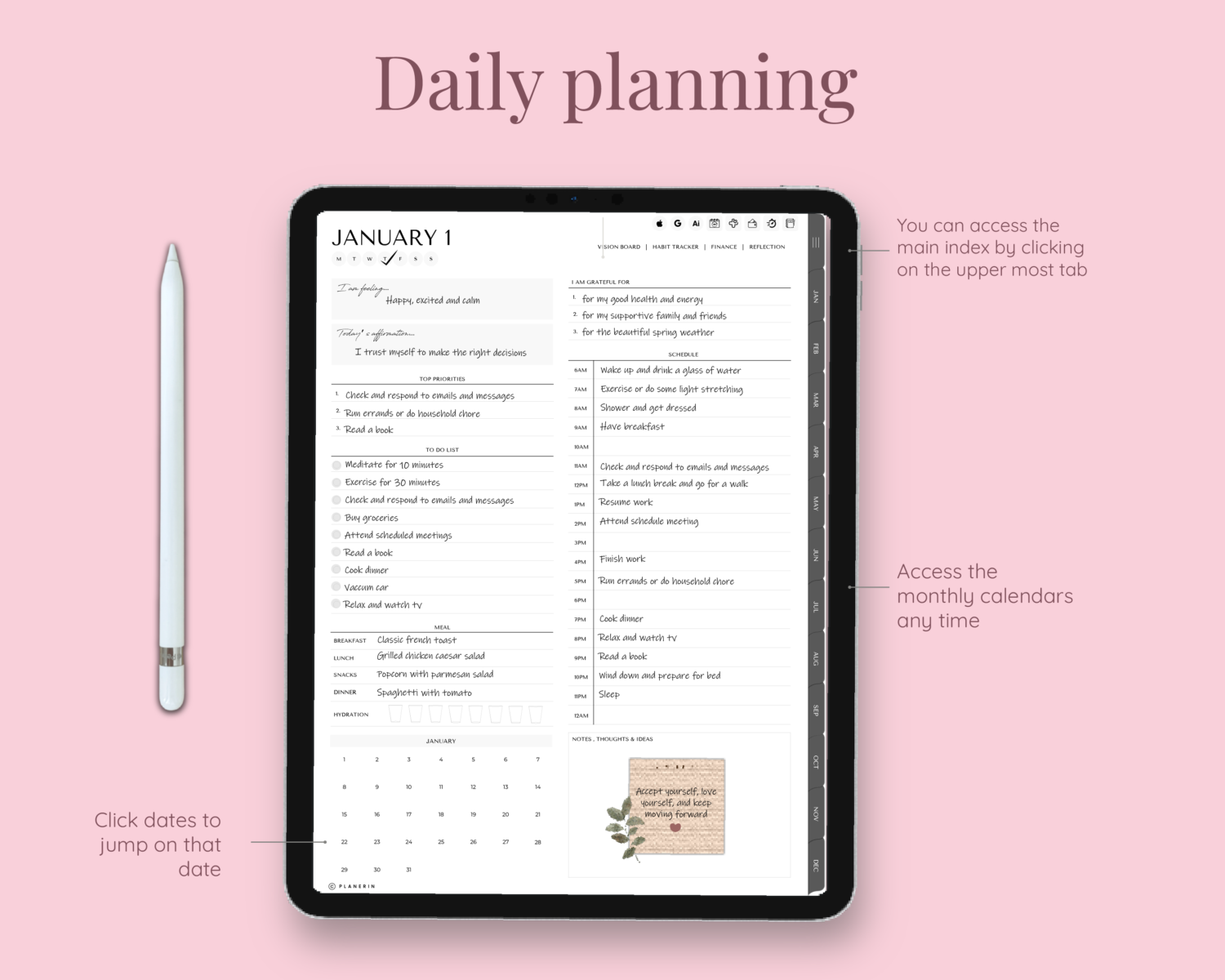 Daily planning page inside undated digital daily planner