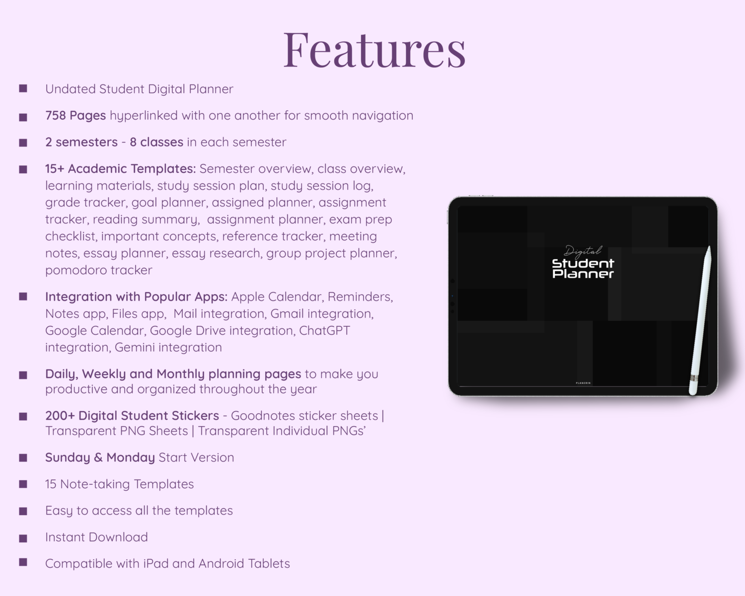 Features of Digital Student Planner Dark Mode Edition Features of Digital Student Planner Dark Mode Edition