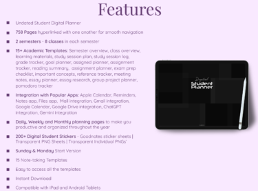 Features of Digital Student Planner Dark Mode Edition