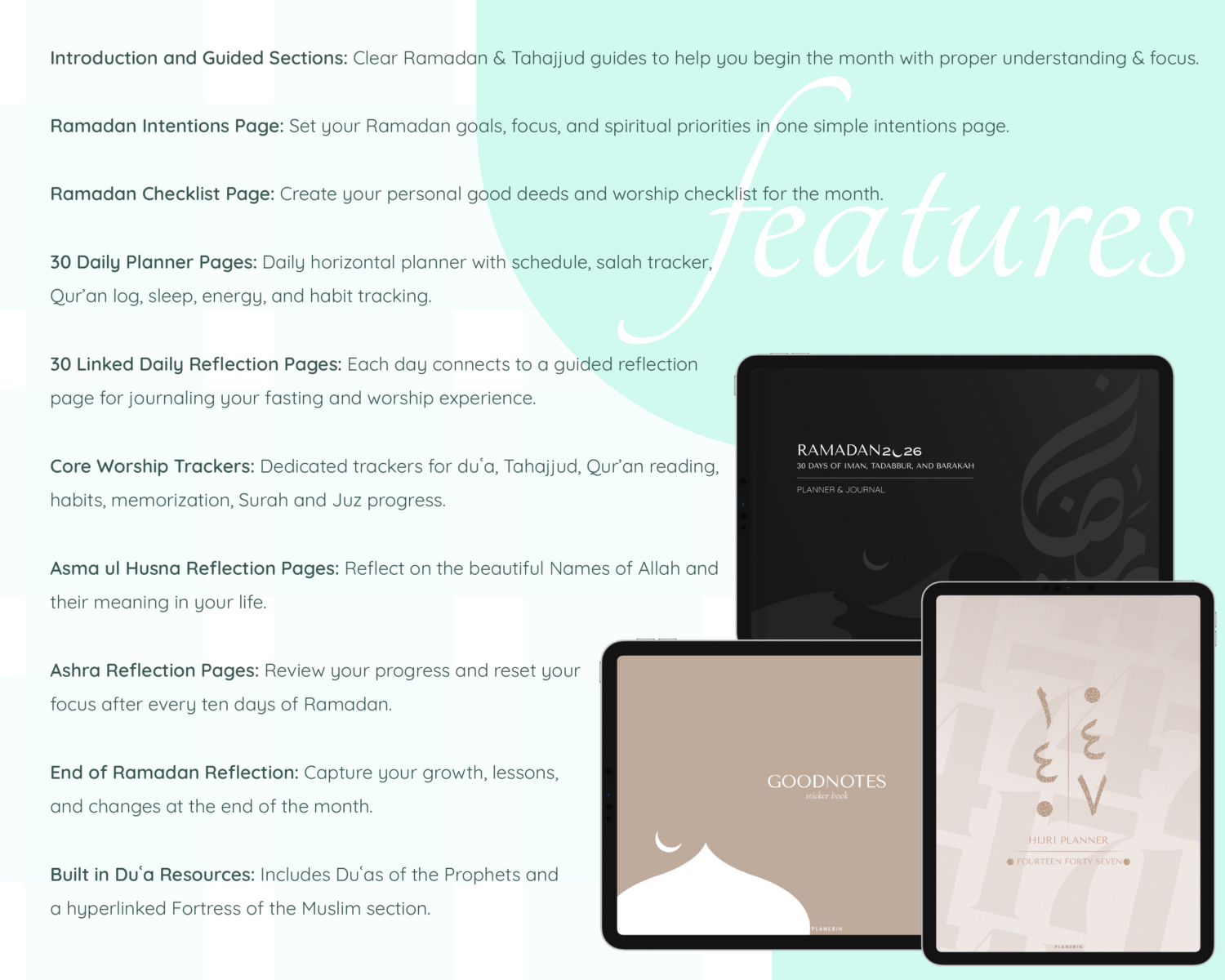 Features of dark mode ramadan planner and journal