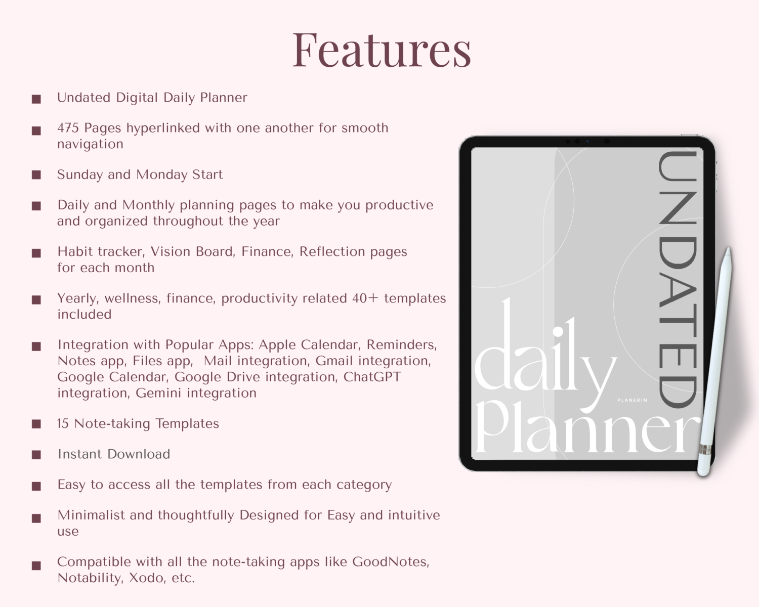 Features of undated digital daily planner