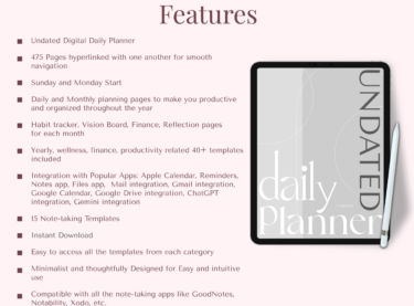 Features of undated digital daily planner