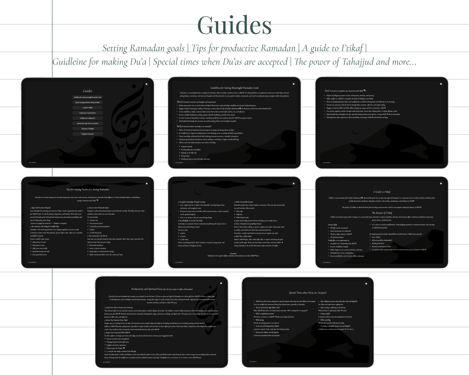 Guides inside dark mode ramadan planner