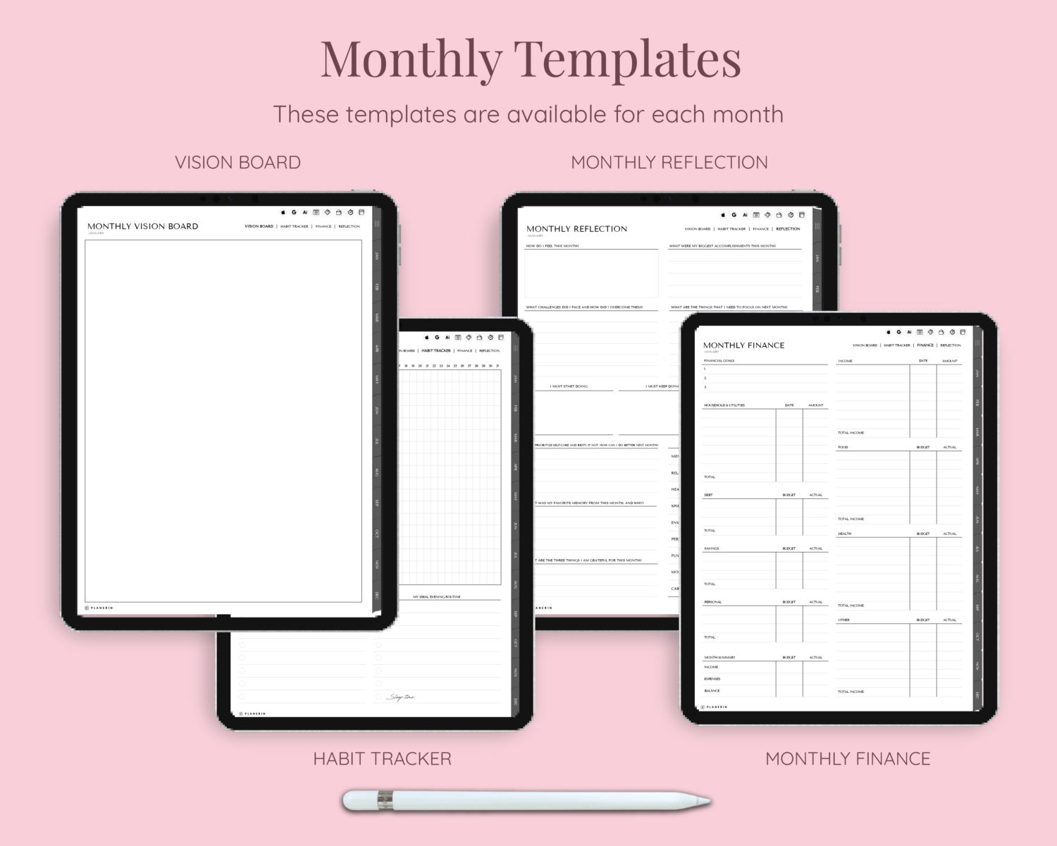 Monthly templates in undated digital daily planner