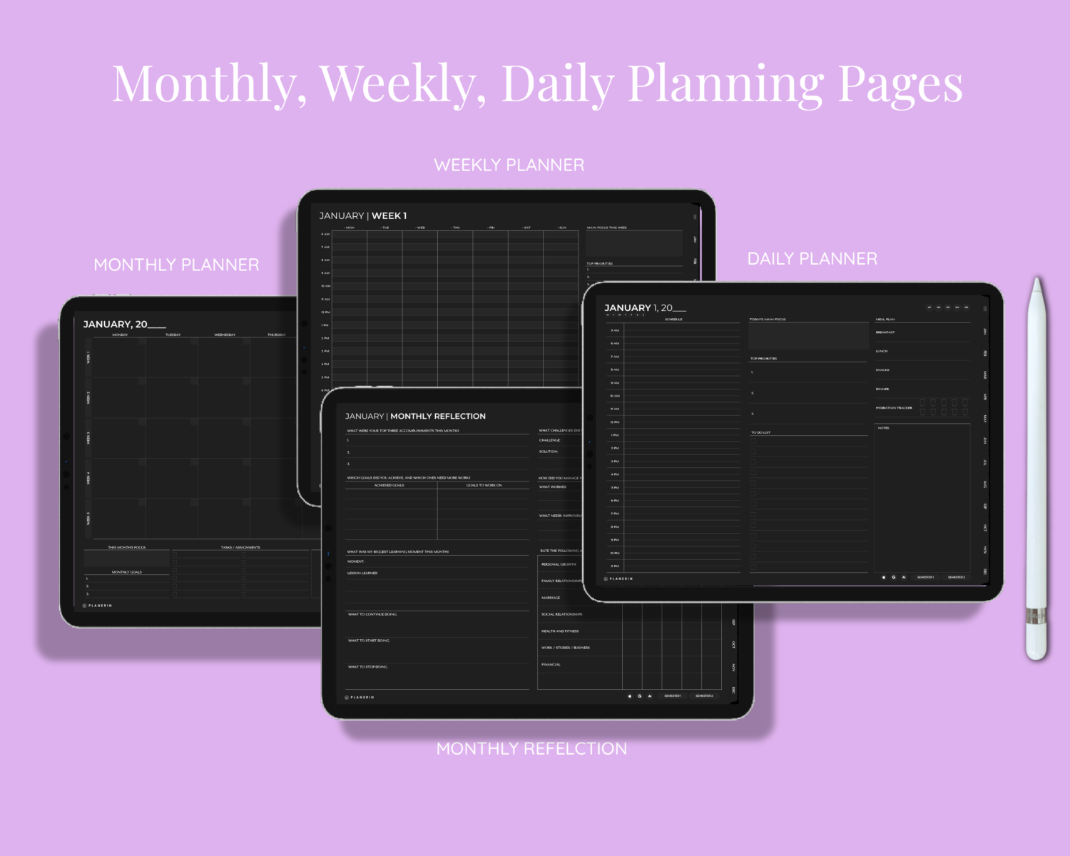 Monthly, weekly, daily planning pages in Digital Student Planner Dark Mode Edition Monthly, weekly, daily planning pages in Digital Student Planner Dark Mode Edition