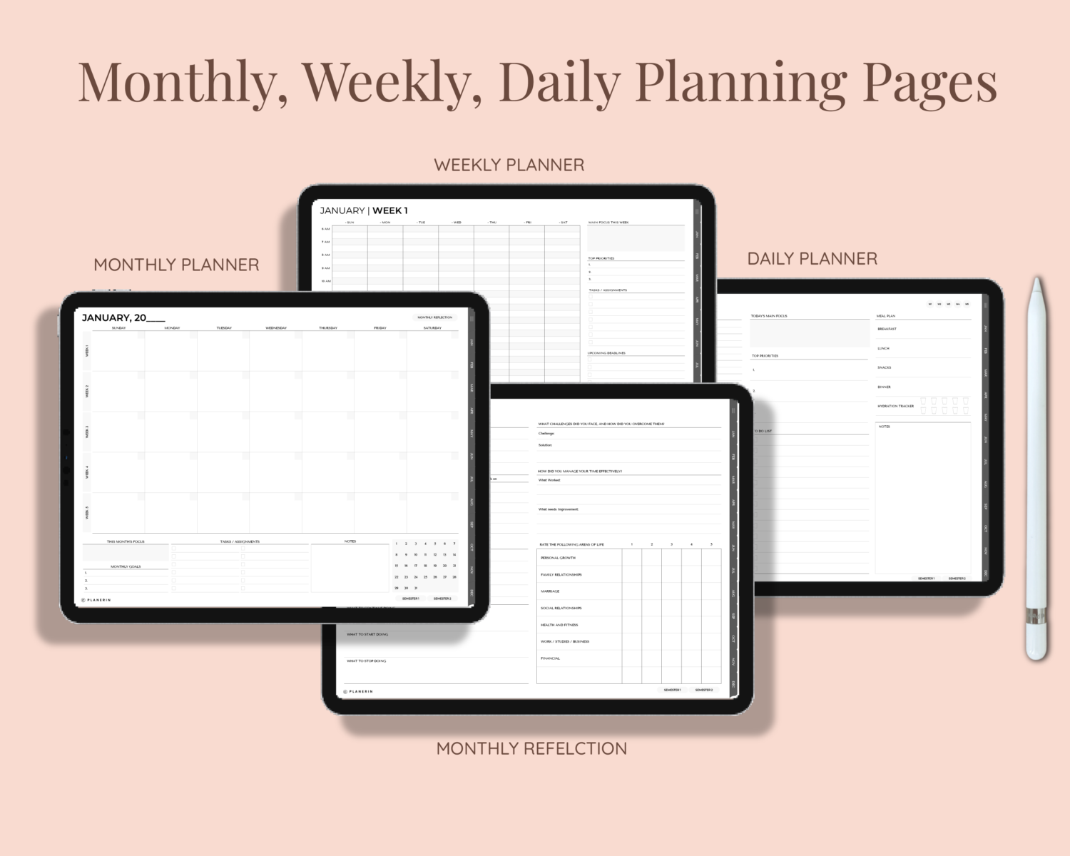 Monthly, weekly, daily planning pages in digital student planner
