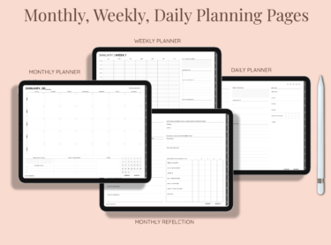 Monthly, weekly, daily planning pages in digital student planner