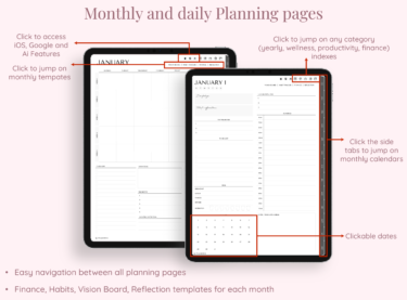 Monthly, weekly, daily planning pages in undated digital daily planner