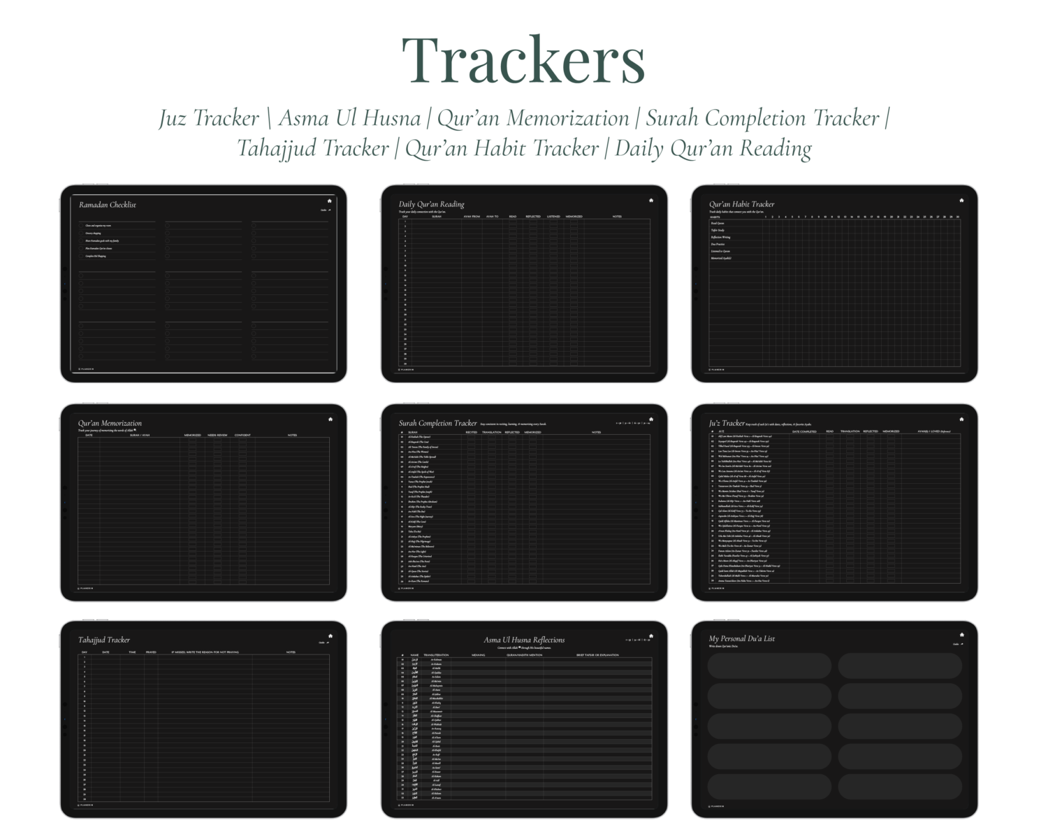 Trackers inside dark mode ramadan planner and journal